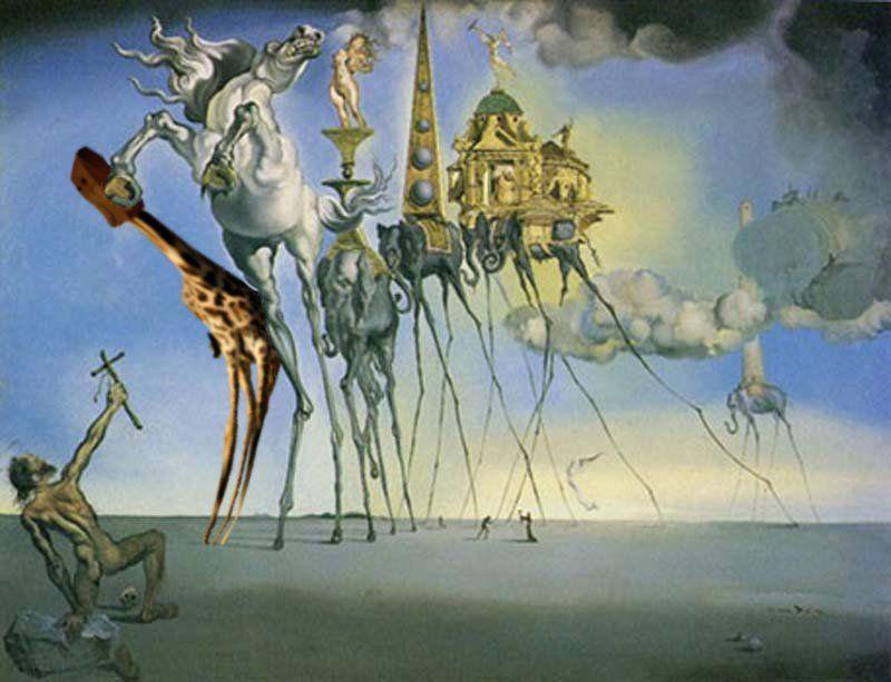 la tentazione di San Antonio.jpg - "La tentazione di sant’Antonio" Descrizione: In seguito alle esplosioni della bomba atomica a Hiroshima e Nagasaki nel 1945, Dalí diede inizio a nuove ricerche esistenziali e artistiche, passando dalle suggestioni della psicanalisi a quelle della fisica nucleare trasformata in un misticismo paranoico-critico, come racconta egli stesso nel suo saggio sulla spiritualità Manifesto mistico del 1951. Da questo momento in poi, infatti, egli rivolse la sua arte verso una maggiore riconoscibilità delle forme, ispirandosi prevalentemente all’iconografia religiosa occidentale. Questa straordinaria opera, dipinta a New York, risente appunto, di questo mutamento culturale e fu presentata al concorso indetto da Albert Levin - e vinto poi da Max Ernst - per la realizzazione dell’unica scena a colori del suo film sul soggetto Bel Ami di Guy de Maupassant. Nel quadro la tentazione appare a sant’Antonio in forma di un cavallo che s’impenna, simbolo del potere e della lussuria, e in forma di alcuni elefanti che portano sulla groppa diversi elementi dall’evidente connotazione erotica: una donna nuda e voluttuosa su un piedistallo, un obelisco romano ispirato al Bernini, alcune strutture architettoniche palladiane, e infine una torre dal simbolismo indubbiamente fallico. La particolarità affascinante di questi animali giganti, che dovrebbero rappresentare gli spiriti maligni che provocano il santo eremita nel deserto, è la deformazione allungata e sottilissima delle zampe, che permette loro di entrare in una dimensione di tramite tra la terra e il cielo, tra realtà e spiritualità. 
